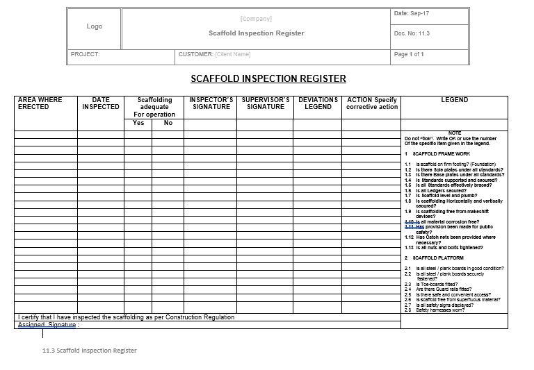 11.3 Scaffold Inspection Register